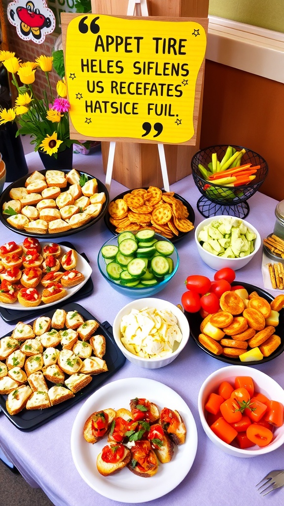 A colorful appetizer spread with a funny quote sign, showcasing bruschetta, cheese, and veggies.